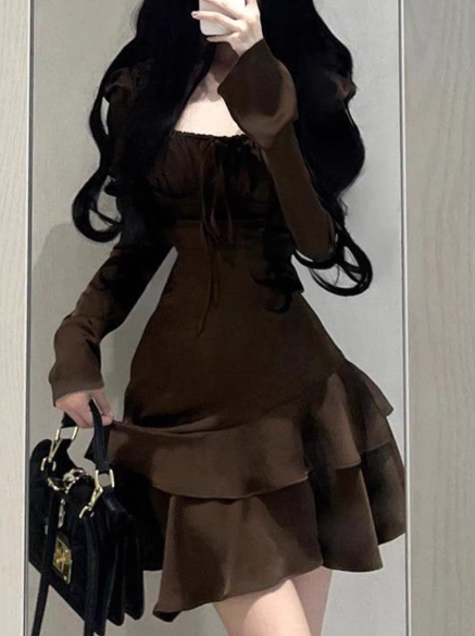 French Tea Break Square Neck Ruffled Skirt Dress ED0281