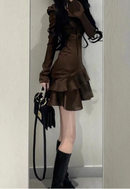 French Tea Break Square Neck Ruffled Skirt Dress ED0281