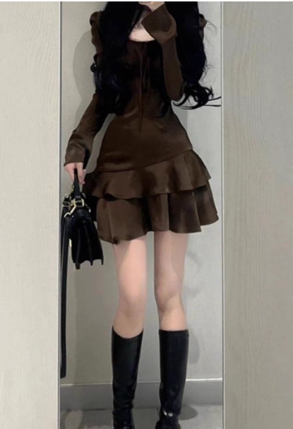 French Tea Break Square Neck Ruffled Skirt Dress ED0281
