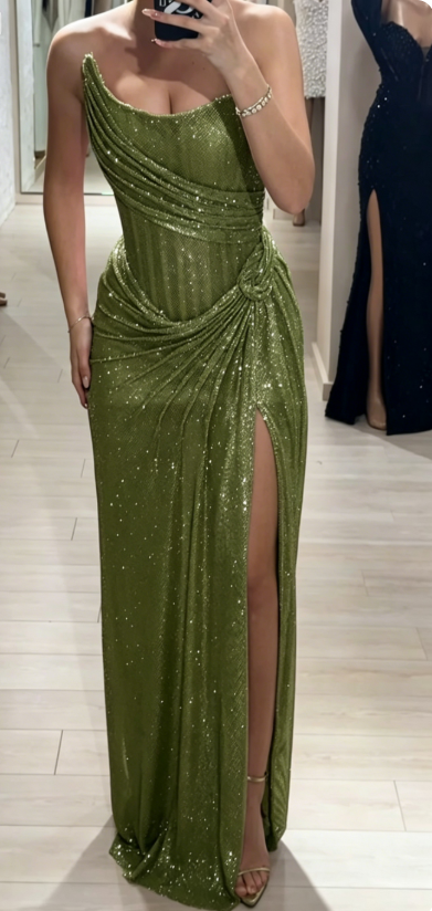 Stunning Pink Strapless Sheath Glitter Sequins Long Prom Dresses Formal Evening Gowns with Slits ED02849