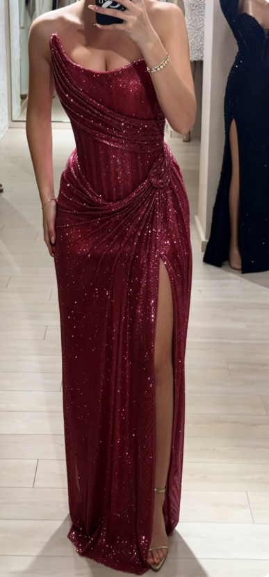 Stunning Pink Strapless Sheath Glitter Sequins Long Prom Dresses Formal Evening Gowns with Slits ED02849