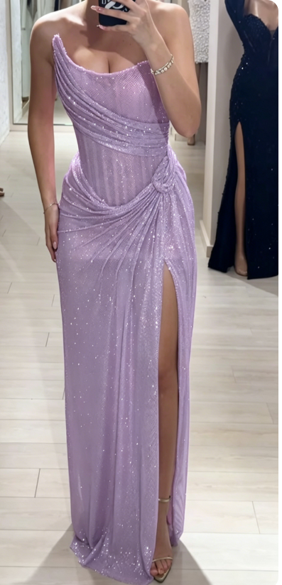 Stunning Pink Strapless Sheath Glitter Sequins Long Prom Dresses Formal Evening Gowns with Slits ED02849