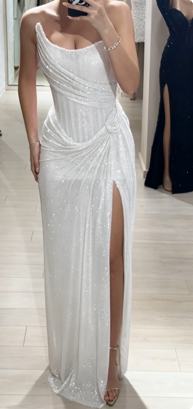 Stunning Pink Strapless Sheath Glitter Sequins Long Prom Dresses Formal Evening Gowns with Slits ED02849