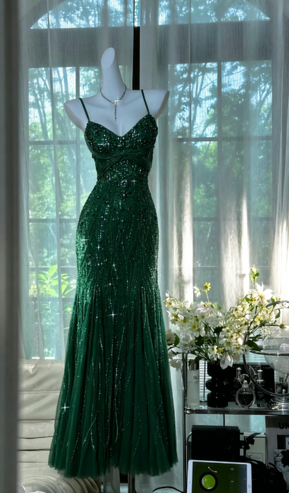 Olive Green Evening Dressses Vintage Spaghetti Straps Mermaid Tulle Beading Long Stunning Prom Dresses Elegant Formal Dresses ED02932