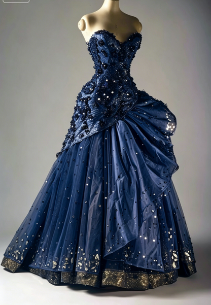 Gorgeous Sweetheart Neck Tulle A-Line  Long Prom Dresses Beaded Layered Vintage Evening Gowns ED02979