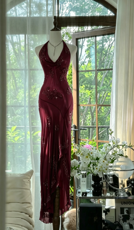 Vintage Dark Green Halter Sheath Beaded Chiffon Long Prom Dresses Elegant Green Evening Gowns ED03052