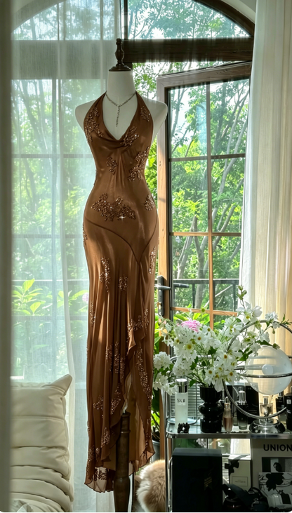 Vintage Dark Green Halter Sheath Beaded Chiffon Long Prom Dresses Elegant Green Evening Gowns ED03052