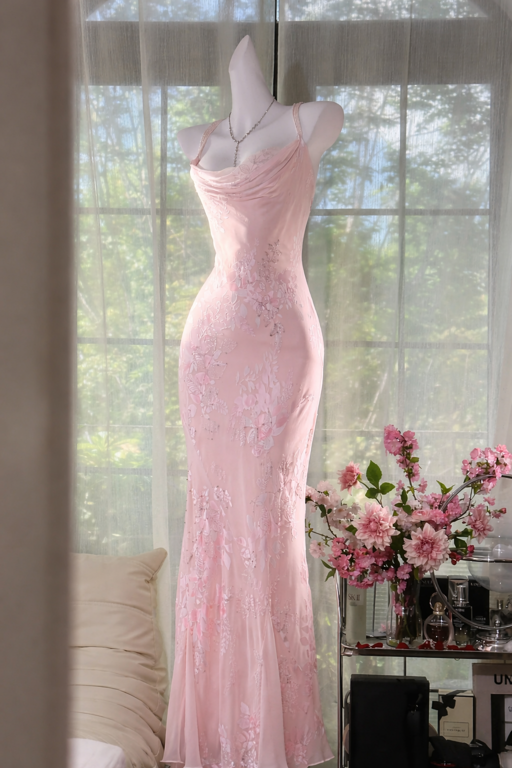 Vintage Sheath Spaghetti Straps Printed Chiffon Long Prom Dresses Glam Evening Dress with Beading ED03292