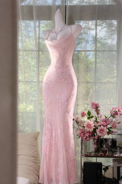 Vintage Sheath Spaghetti Straps Printed Chiffon Long Prom Dresses Glam Evening Dress with Beading ED03292