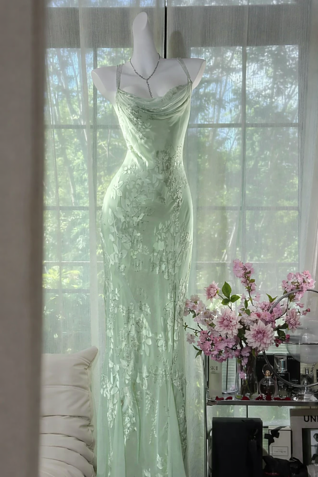 Vintage Sheath Spaghetti Straps Printed Chiffon Long Prom Dresses Glam Evening Dress with Beading ED03292
