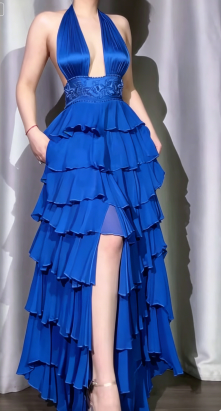 Classic Off-White Halter Neck A-Line Layered Chiffon Long Prom Dresses, Elegant Backless Evening Gowns ED03372