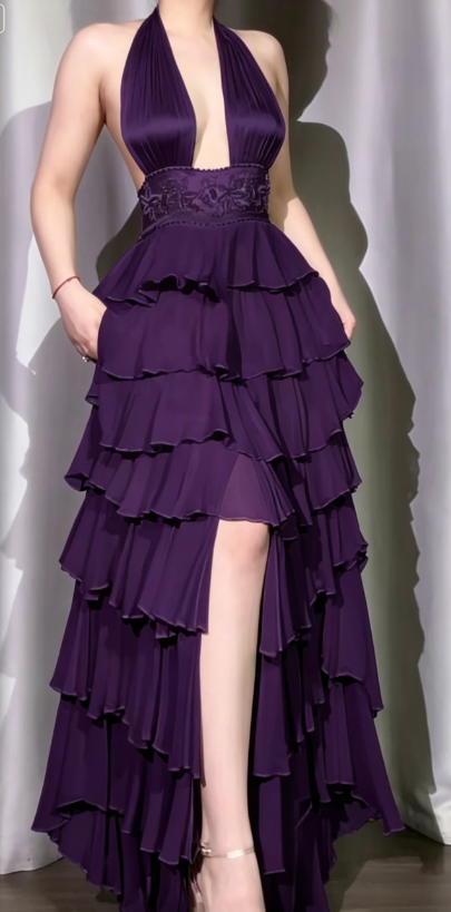 Classic Off-White Halter Neck A-Line Layered Chiffon Long Prom Dresses, Elegant Backless Evening Gowns ED03372