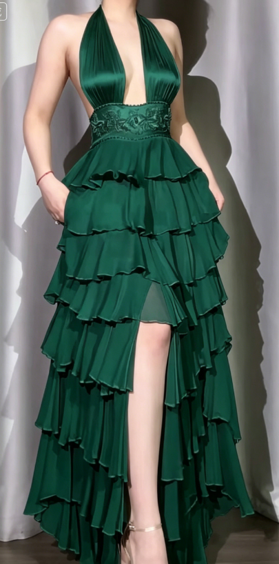 Classic Off-White Halter Neck A-Line Layered Chiffon Long Prom Dresses, Elegant Backless Evening Gowns ED03372