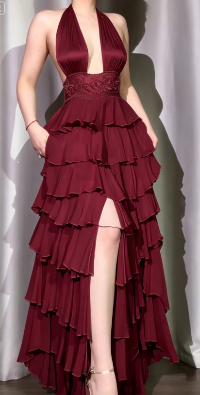 Classic Off-White Halter Neck A-Line Layered Chiffon Long Prom Dresses, Elegant Backless Evening Gowns ED03372