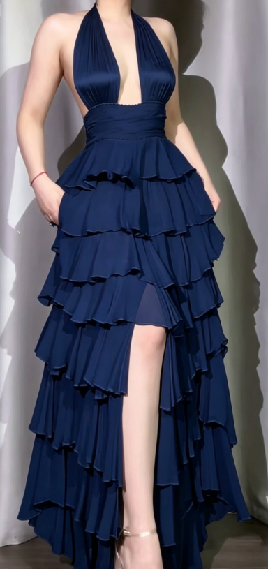 Classic Off-White Halter Neck A-Line Layered Chiffon Long Prom Dresses, Elegant Backless Evening Gowns ED03372