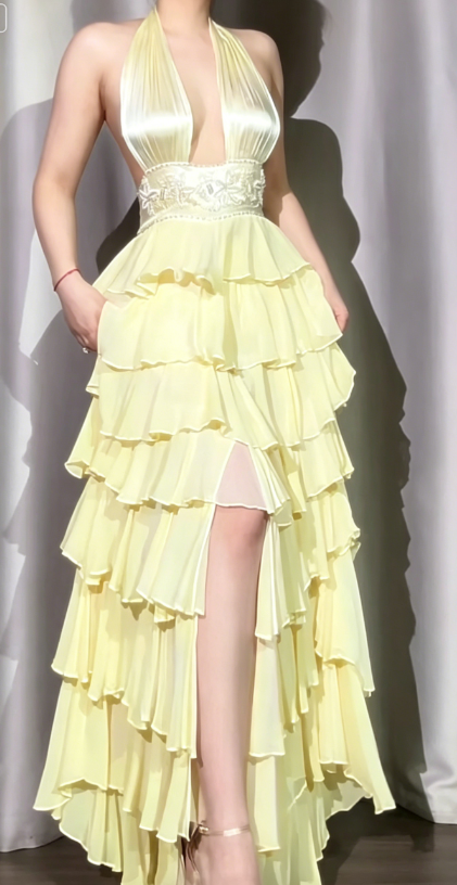 Classic Off-White Halter Neck A-Line Layered Chiffon Long Prom Dresses, Elegant Backless Evening Gowns ED03372