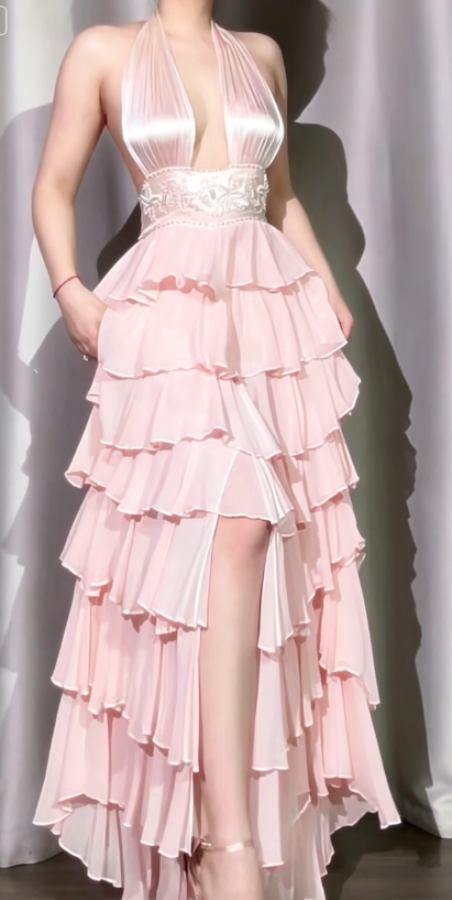 Classic Off-White Halter Neck A-Line Layered Chiffon Long Prom Dresses, Elegant Backless Evening Gowns ED03372