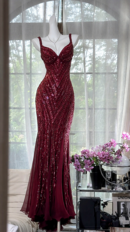 Glamour Dark Purple Guest Dresses V-Neck Mermaid Beaded Chiffon Long Stunning Prom Dresses, Formal Evening Dresses ED03375