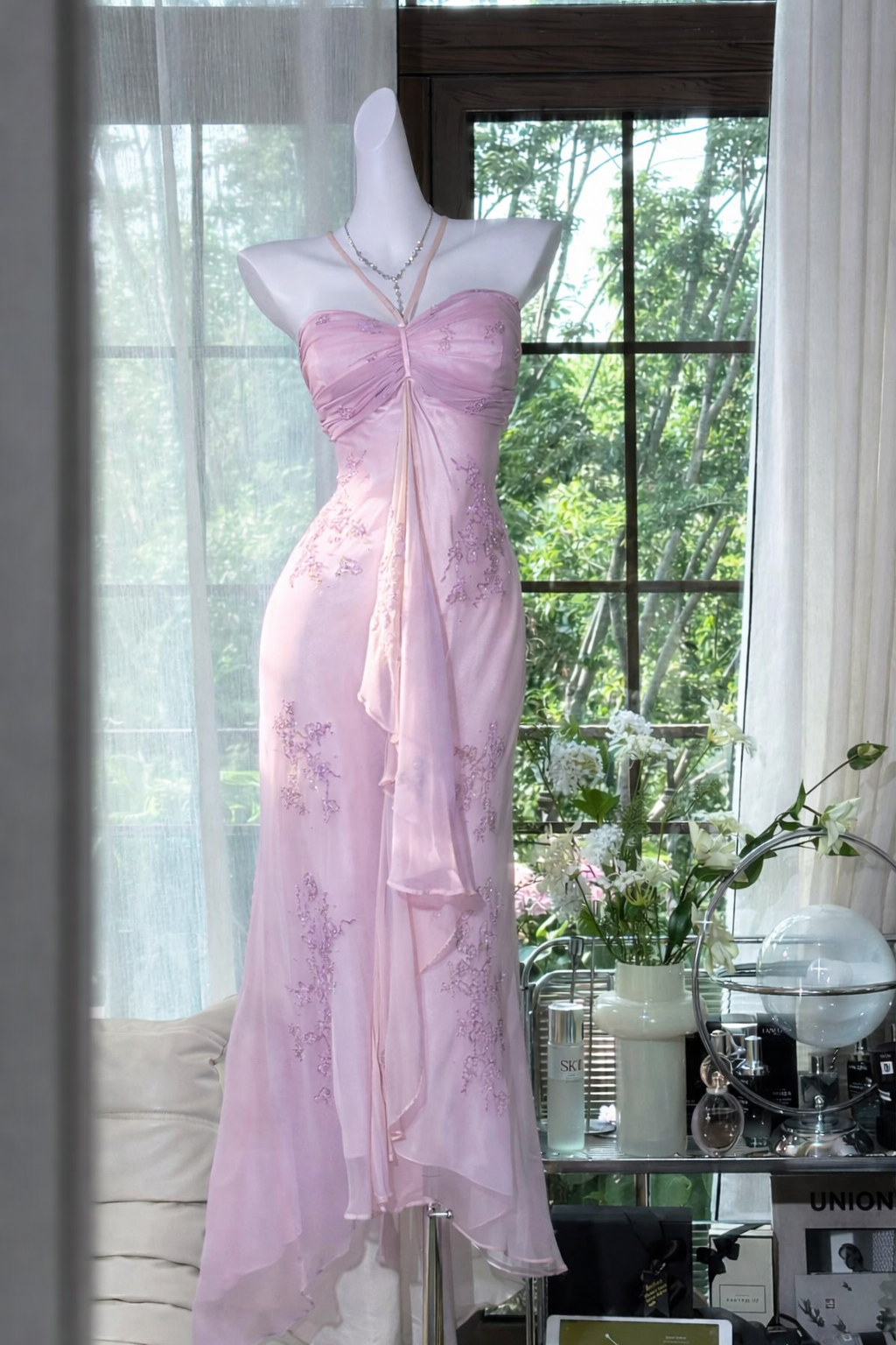 Vintage Halter  Sheath Chiffon Beaded Formal Dresses, Light Green Long Prom Dresses ED03464