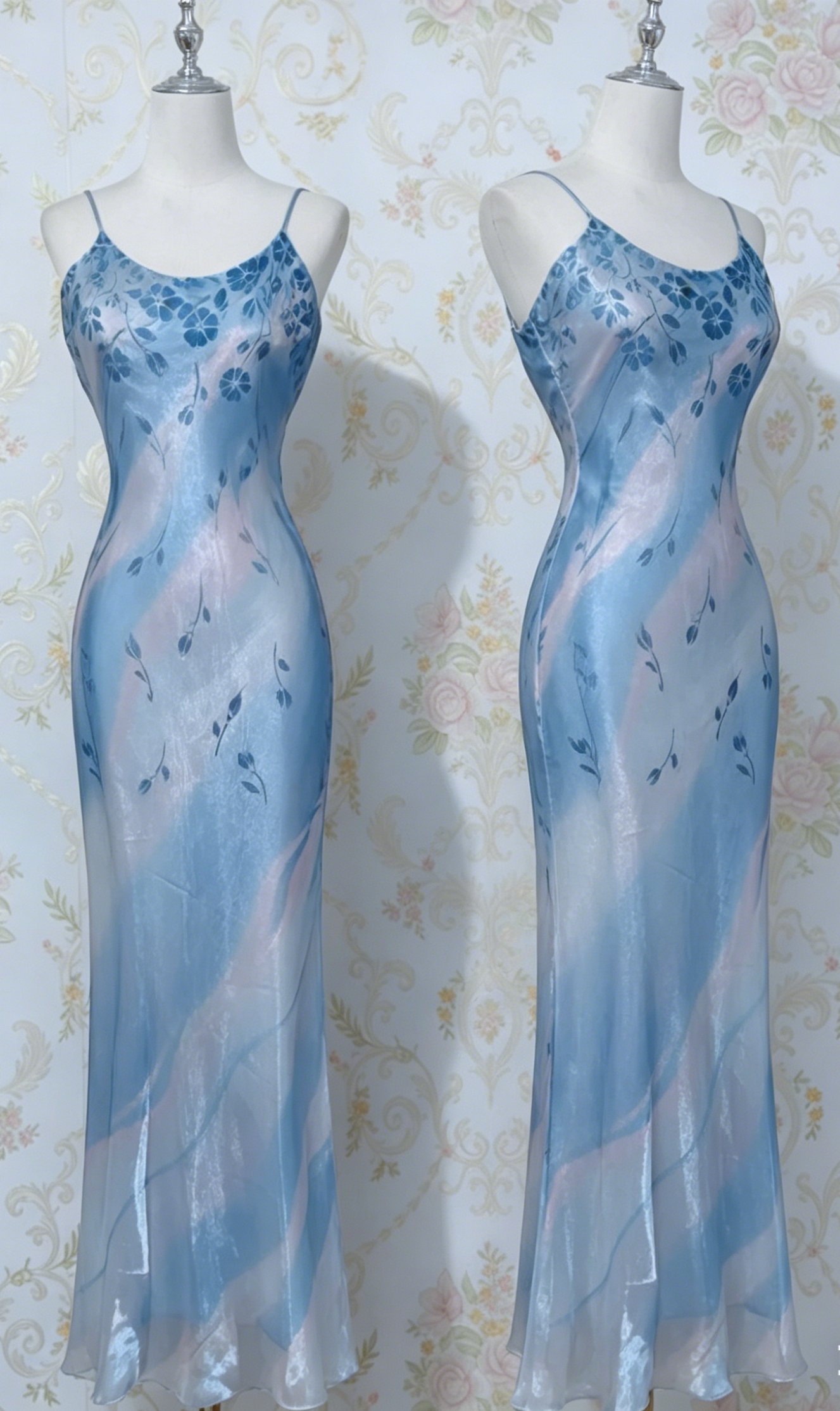 Elegant Blue Spaghetti Strap Sheath Long Prom Dress Vintage Chiffon Formal Evening Dress Party Dress ED03731