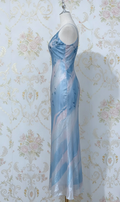 Elegant Blue Spaghetti Strap Sheath Long Prom Dress Vintage Chiffon Formal Evening Dress Party Dress ED03731