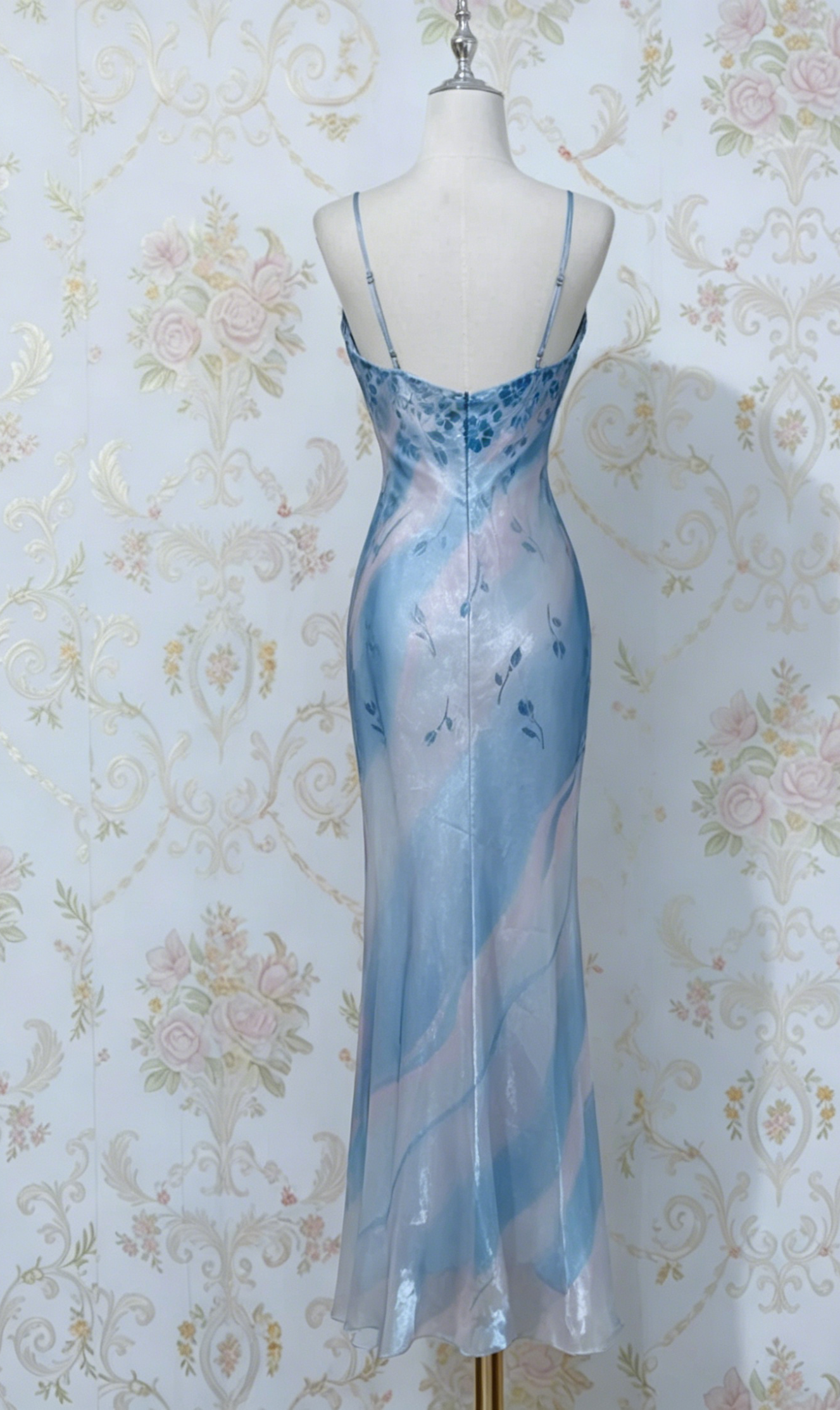 Elegant Blue Spaghetti Strap Sheath Long Prom Dress Vintage Chiffon Formal Evening Dress Party Dress ED03731