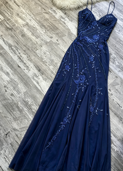 Vintage Blue Sheath Spaghetti Strap Long Prom Dress Beaded Chiffon Evening Dress Stunning Formal Dress ED03791