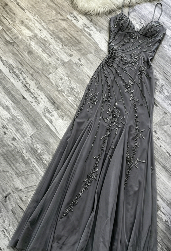 Vintage Blue Sheath Spaghetti Strap Long Prom Dress Beaded Chiffon Evening Dress Stunning Formal Dress ED03791