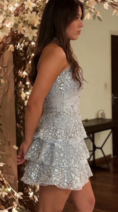 Sparkly Pale Blue Strapless Ball Gown Short Formal Dress Sweet Applique Birthday Outfits Homecoming Dress ED03831