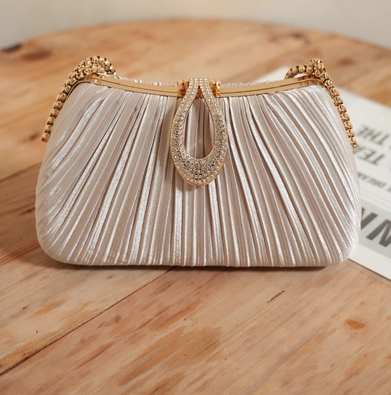 Chic Champagne Wedding Bag Sparkly Pleated Banquet Party Handbag ED03930
