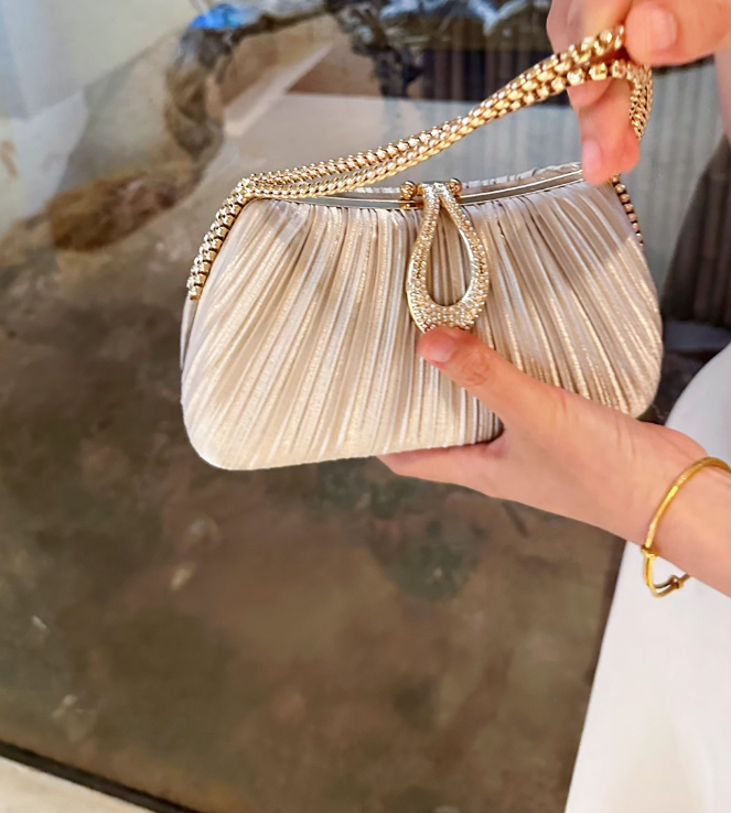 Chic Champagne Wedding Bag Sparkly Pleated Banquet Party Handbag ED03930