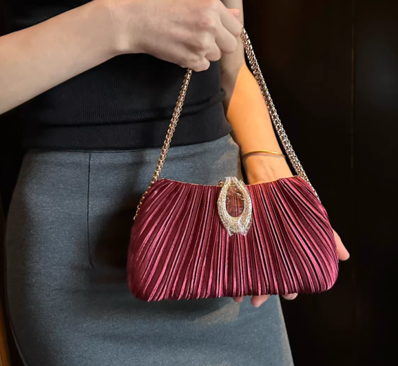 Chic Champagne Wedding Bag Sparkly Pleated Banquet Party Handbag ED03930