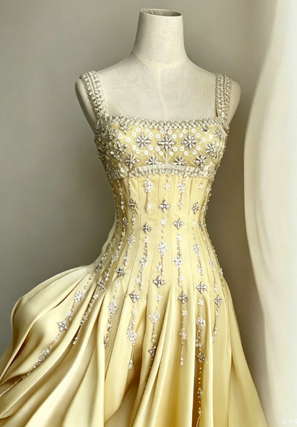 Elegant A-Line Square Neck Short Birthday Prom Dress Satin Beaded Formal Dress Graduation Dress Middle School Homecoming Dress ED03961
