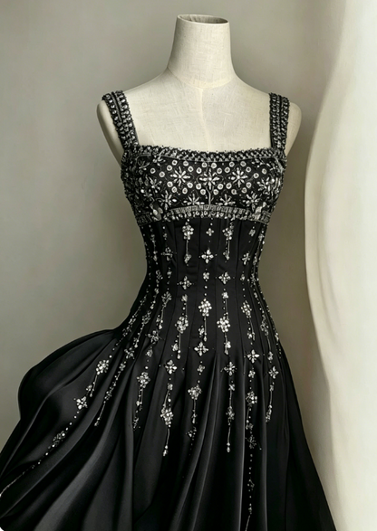 Elegant A-Line Square Neck Short Birthday Prom Dress Satin Beaded Formal Dress Graduation Dress Middle School Homecoming Dress ED03961