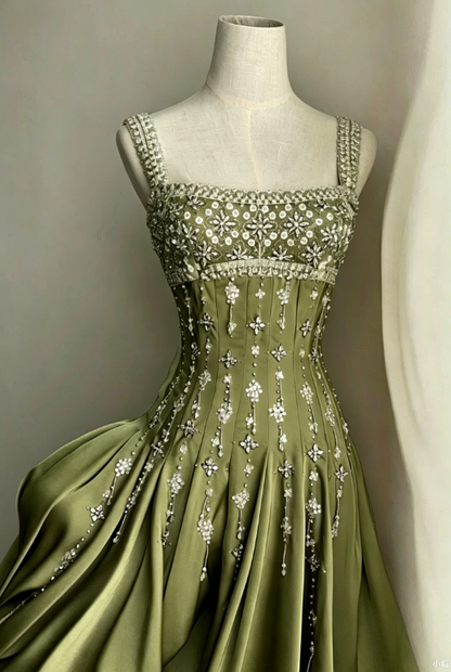 Elegant A-Line Square Neck Short Birthday Prom Dress Satin Beaded Formal Dress Graduation Dress Middle School Homecoming Dress ED03961