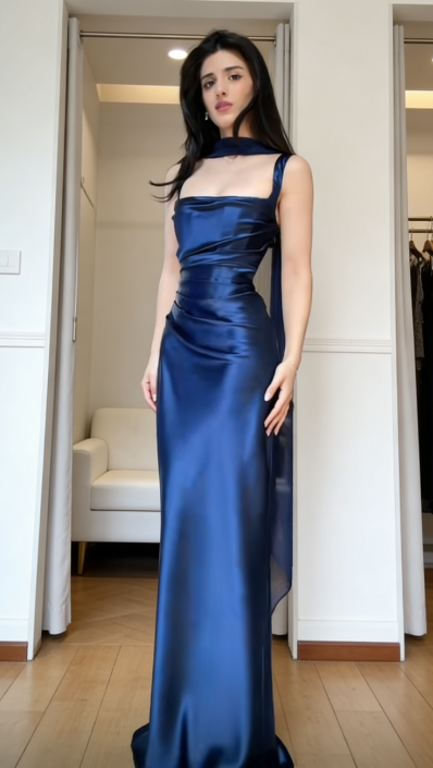 Simple Square Neck Sheath Long Prom Dresses, Satin Navy Blue Formal Dresses with Scarf ED04425