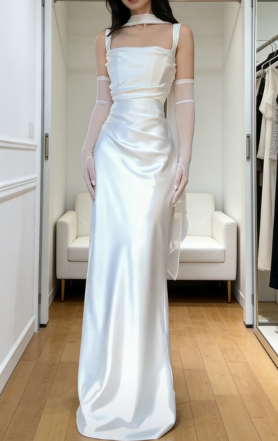 Simple Square Neck Sheath Long Prom Dresses, Satin Navy Blue Formal Dresses with Scarf ED04425