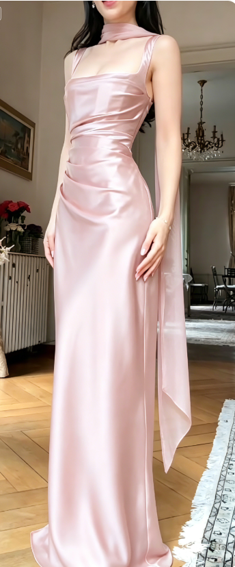 Simple Square Neck Sheath Long Prom Dresses, Satin Navy Blue Formal Dresses with Scarf ED04425