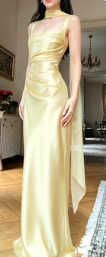Simple Square Neck Sheath Long Prom Dresses, Satin Navy Blue Formal Dresses with Scarf ED04425