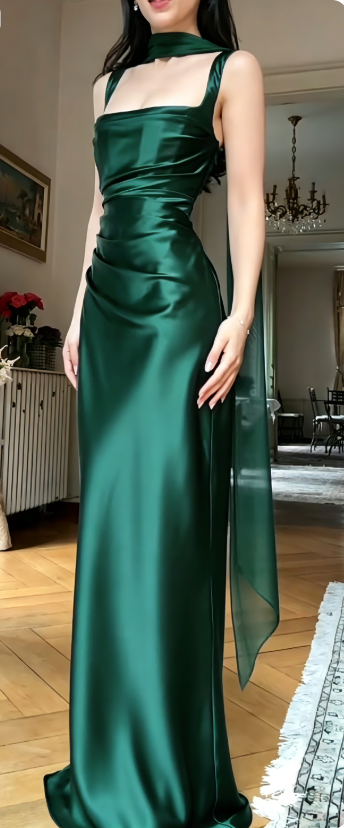Simple Square Neck Sheath Long Prom Dresses, Satin Navy Blue Formal Dresses with Scarf ED04425