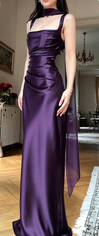 Simple Square Neck Sheath Long Prom Dresses, Satin Navy Blue Formal Dresses with Scarf ED04425