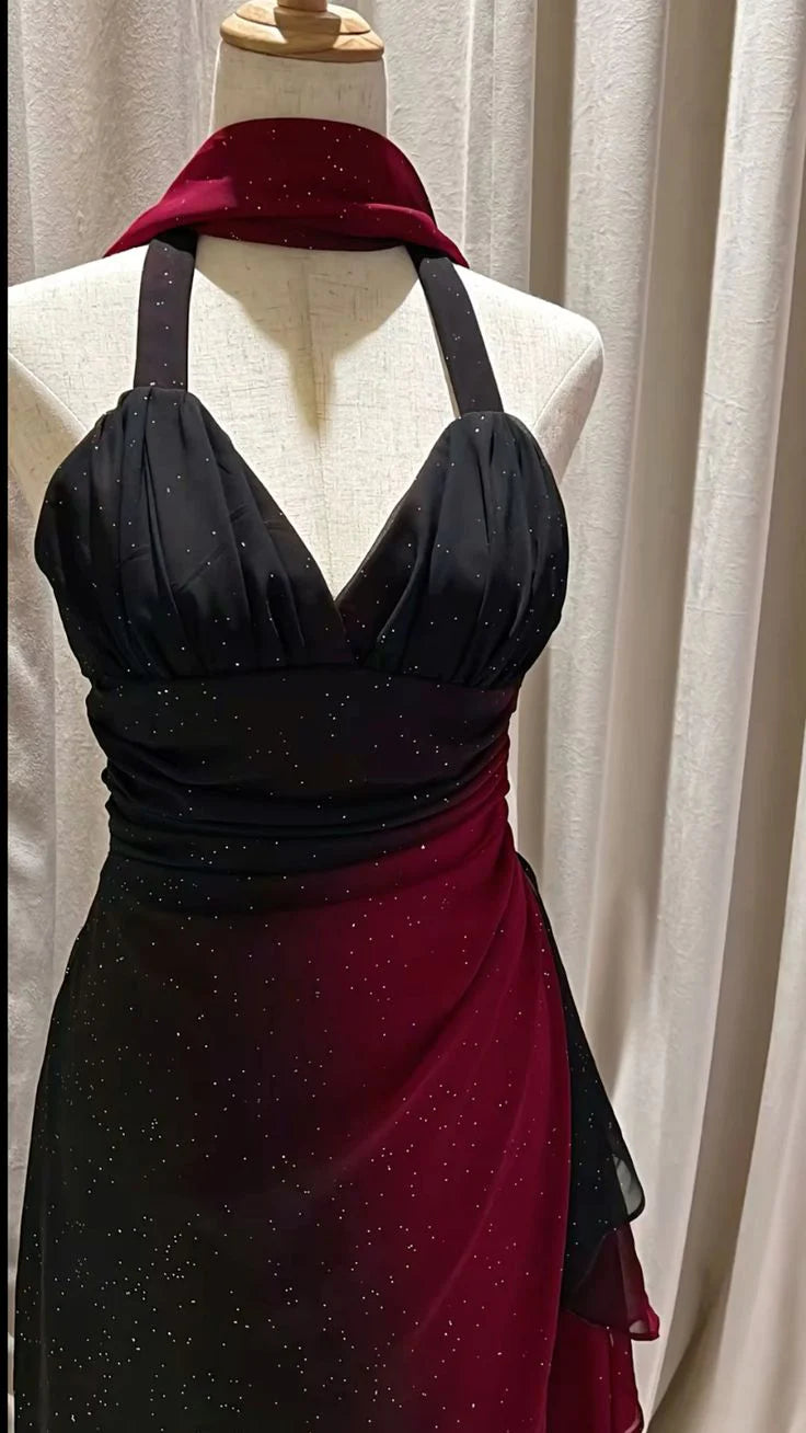 Elegant Gradient Blue Birthday Dresses V-neck Glitter Chiffon Sheath Prom Dresses Party Dresses ED04456