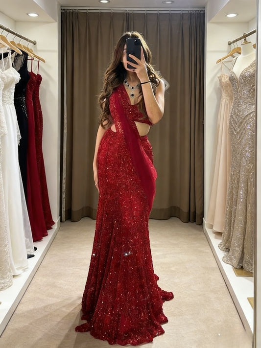 Elegant Two-Piece Mermaid Long Prom Dresses Sequin Red New Year's Eve Dresses ED04780