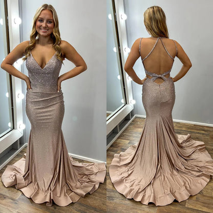 Elegant Spaghetti Strap Sheath Long Prom Dresses Satin Champagne Wedding Guest Dresses ED04784