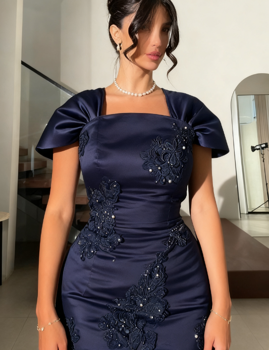Elegant Square Neck Sheath Navy Blue New Year Evening Dresses Satin Applique Navy Blue Wedding Guest Dresses  ED04854