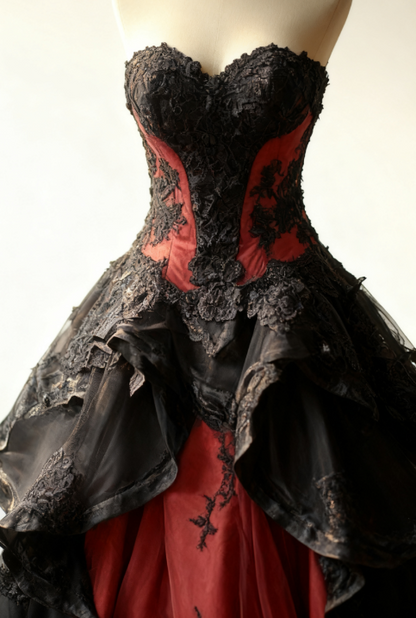 Gothic Sweetheart Ball Gown Tulle Long Prom Dresses Tulle Red/Black Quinceañera Dresses 2025 Halloween Dress ED04858