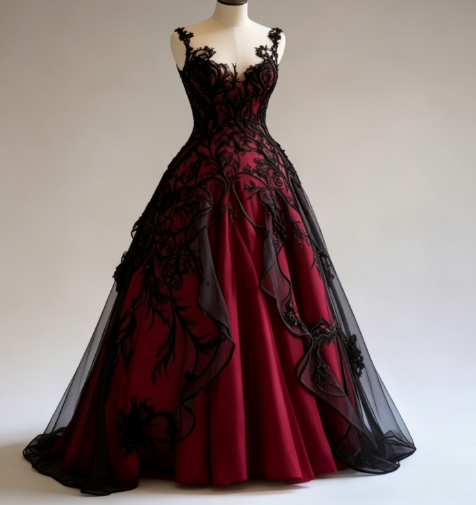 Gothic Strap Ball Gown Lace Long Prom Dresses Burgundy Sweet 16 Dresse –  EvaFashionDress