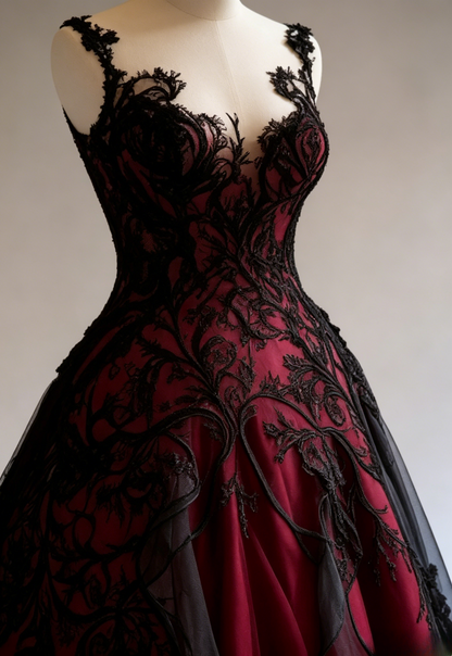Gothic Strap Ball Gown Lace Long Prom Dresses Burgundy Sweet 16 Dresses ED04971