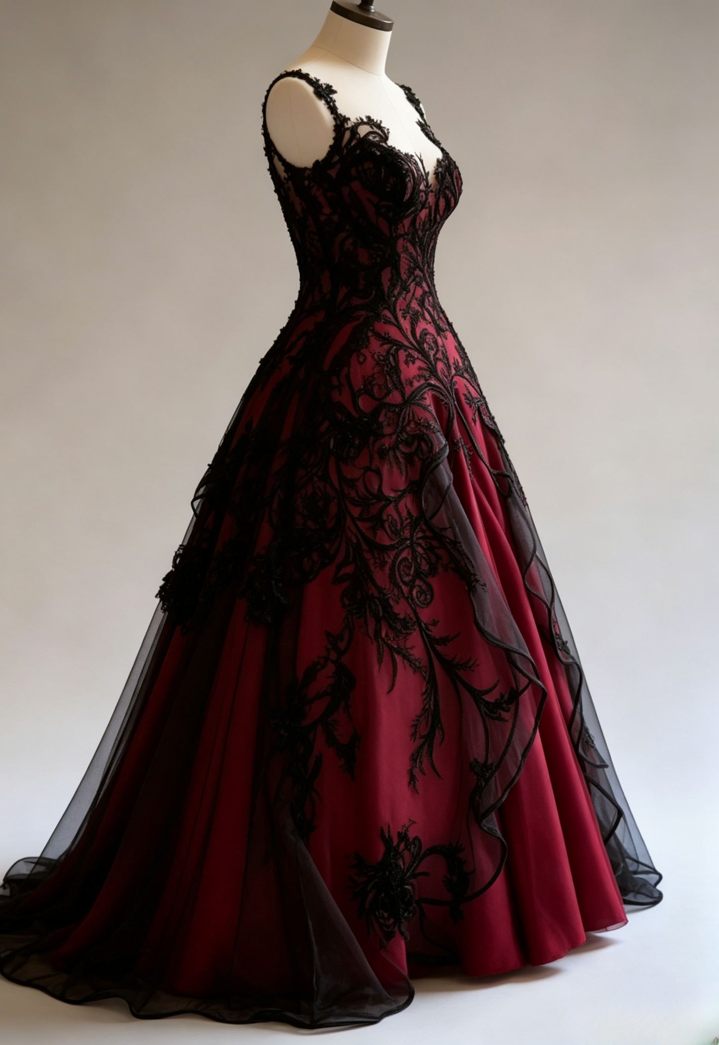 Gothic Strap Ball Gown Lace Long Prom Dresses Burgundy Sweet 16 Dresses ED04971