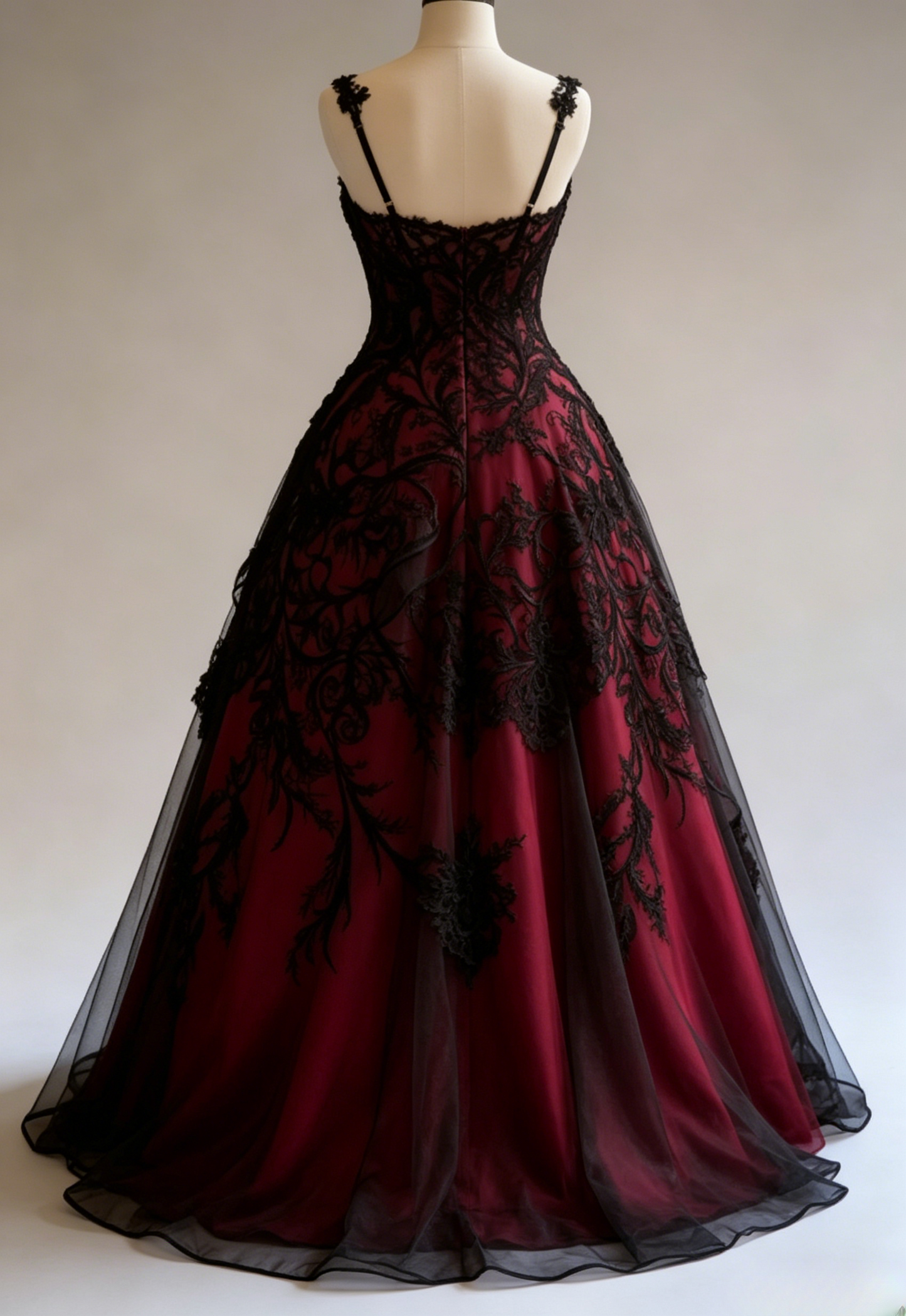 Gothic Strap Ball Gown Lace Long Prom Dresses Burgundy Sweet 16 Dresses ED04971
